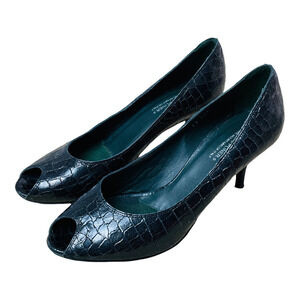 Donald J Pliner Sz 9.5 Black Leather Crocodile Skin Pattern Peep Toe Heels
